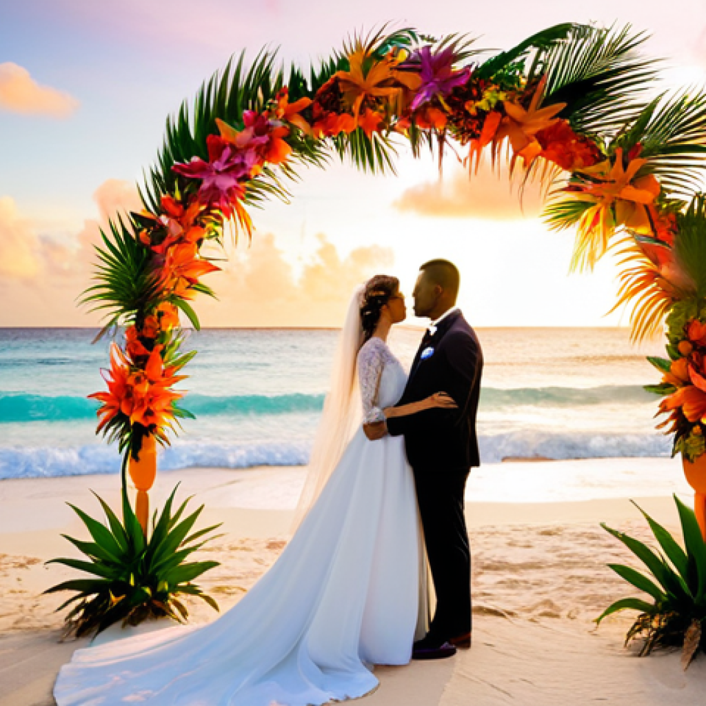 A fully clothed couple, a bride in a modest elegant wedding gown and a groom in a professional wedding suit, standing under a beautifully decorated wedding arch adorned with fresh tropical flowers on a white sandy beach in Barbados. The Atlantic Ocean gently laps the shore in the background. The sun is setting, casting a warm golden glow across the scene, with vibrant orange and pink hues in the sky. Palm trees softly sway. Natural pose, correct proportions, perfect anatomy, well-formed hands, proper finger count, natural body proportions, professional photography, high quality, safe for work, appropriate content, fully clothed, modest attire, family-friendly.