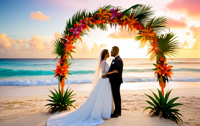 A fully clothed couple, a bride in a modest elegant wedding gown and a groom in a professional wedding suit, standing under a beautifully decorated wedding arch adorned with fresh tropical flowers on a white sandy beach in Barbados. The Atlantic Ocean gently laps the shore in the background. The sun is setting, casting a warm golden glow across the scene, with vibrant orange and pink hues in the sky. Palm trees softly sway. Natural pose, correct proportions, perfect anatomy, well-formed hands, proper finger count, natural body proportions, professional photography, high quality, safe for work, appropriate content, fully clothed, modest attire, family-friendly.
