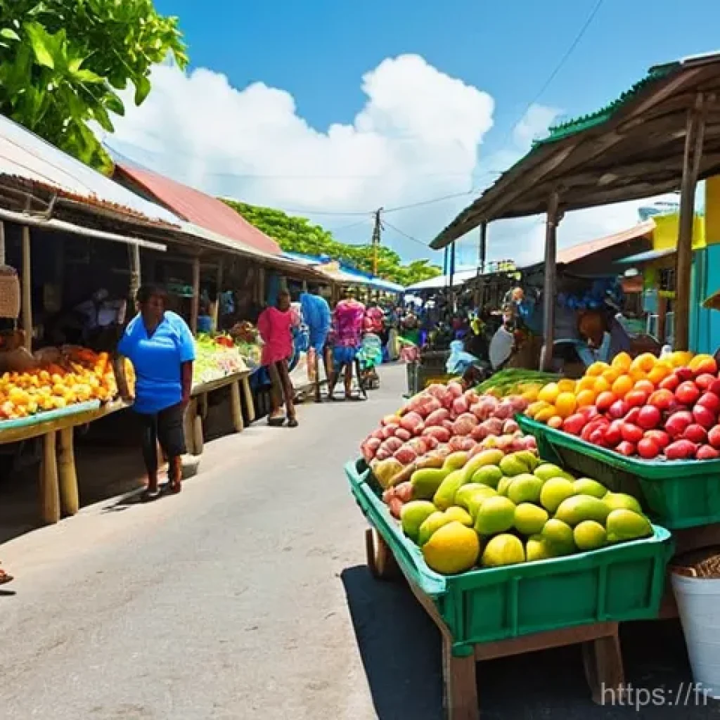 바베이도스 영화배우 및 감독 - **Prompt:** A vibrant and authentic Barbadian market scene. Local vendors, diverse in age and gender...