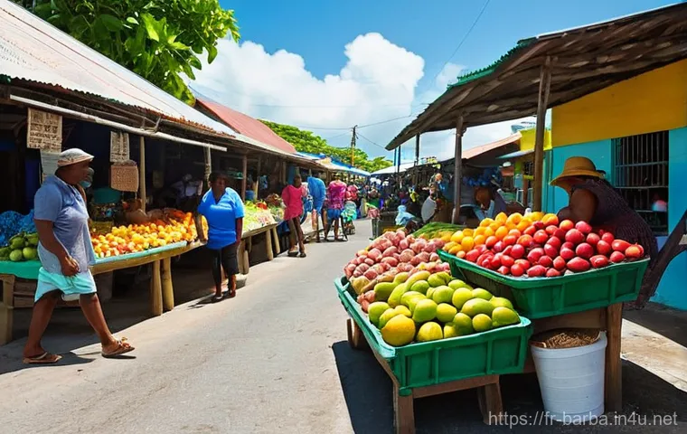 바베이도스 영화배우 및 감독 - **Prompt:** A vibrant and authentic Barbadian market scene. Local vendors, diverse in age and gender...