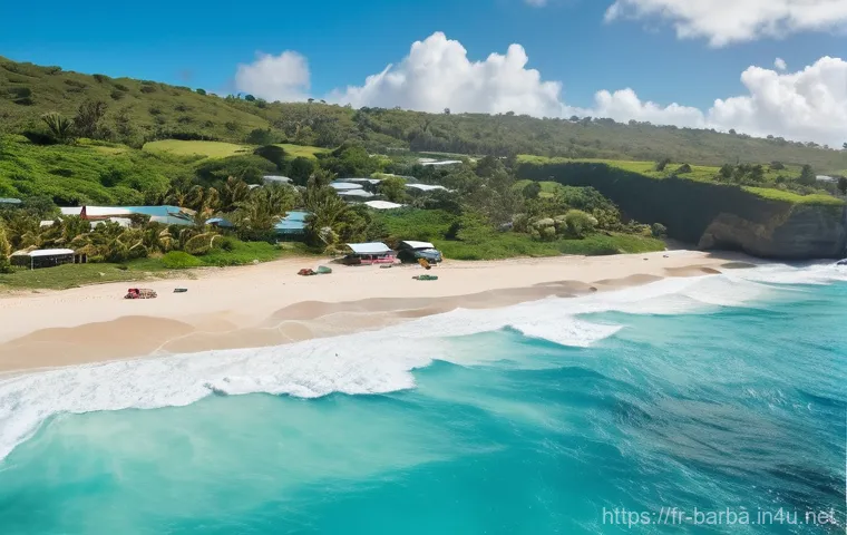 바베이도스 서핑 최적의 장소 - **Prompt for Freights Bay:**
    "A serene and sunny day at Freights Bay, Barbados, showcasing the c...