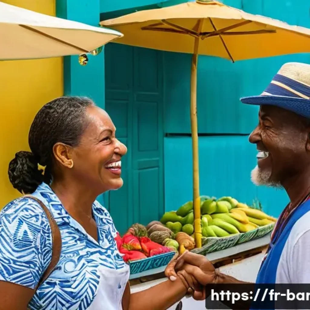 바베이도스 여행 시 주의할 점 - A friendly local Barbadian shopkeeper greeting a French tourist with a warm "Good day" at the entran...