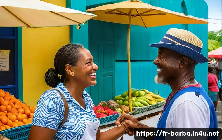 바베이도스 여행 시 주의할 점 - A friendly local Barbadian shopkeeper greeting a French tourist with a warm "Good day" at the entran...