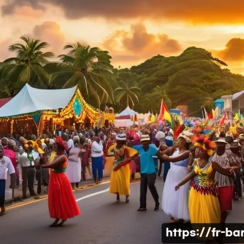바베이도스 칼립소 음악 - A vibrant Caribbean street carnival scene at sunset featuring a diverse crowd dancing to live calyps...