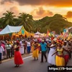 바베이도스 칼립소 음악 - A vibrant Caribbean street carnival scene at sunset featuring a diverse crowd dancing to live calyps...