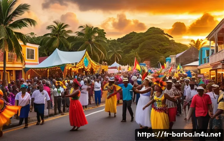 바베이도스 칼립소 음악 - A vibrant Caribbean street carnival scene at sunset featuring a diverse crowd dancing to live calyps...