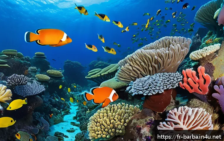 바베이도스 해양 생태계 - A vibrant underwater scene showcasing the complex coral reef structures of Barbados, featuring a var...