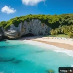 바베이도스 인기 관광지 - A serene hidden cove at Bottom Bay, Barbados, featuring pristine white sand bordered by towering maj...