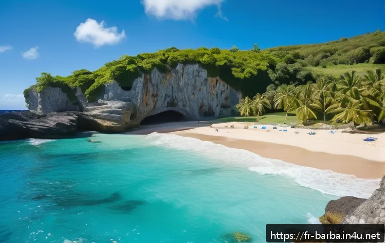 바베이도스 인기 관광지 - A serene hidden cove at Bottom Bay, Barbados, featuring pristine white sand bordered by towering maj...