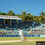 바베이도스 출신 크리켓 선수 - A dynamic cricket stadium scene in Barbados during an intense match, featuring a skilled Barbadian b...
