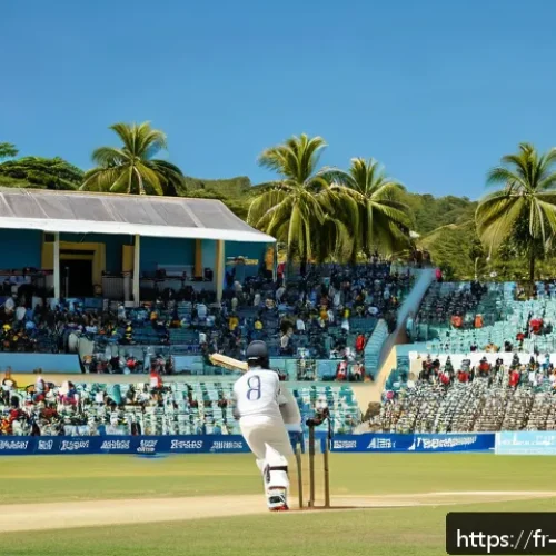 바베이도스 출신 크리켓 선수 - A dynamic cricket stadium scene in Barbados during an intense match, featuring a skilled Barbadian b...