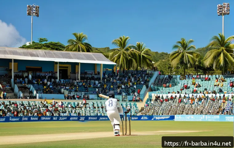 바베이도스 출신 크리켓 선수 - A dynamic cricket stadium scene in Barbados during an intense match, featuring a skilled Barbadian b...