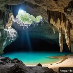 바베이도스 동굴 탐험 - A stunning limestone cave interior in Barbados illuminated by soft, mystical light filtering through...