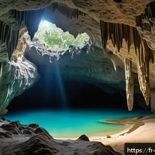 바베이도스 동굴 탐험 - A stunning limestone cave interior in Barbados illuminated by soft, mystical light filtering through...