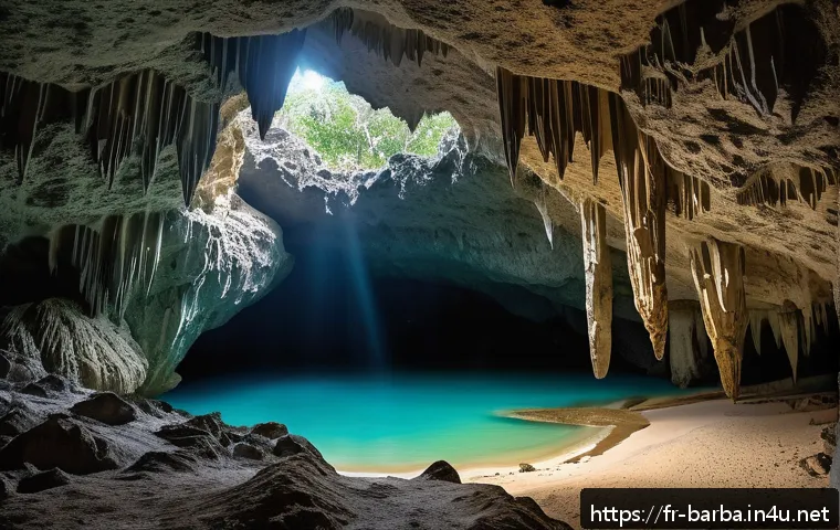바베이도스 동굴 탐험 - A stunning limestone cave interior in Barbados illuminated by soft, mystical light filtering through...
